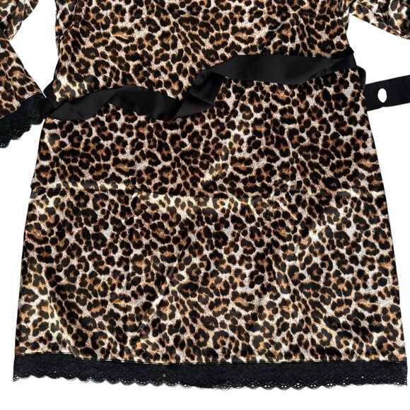 New Leopard Print Robe Womens Medium Long Sleeve Black Lace Trim Satin Mob Wife - Picture 11 of 14